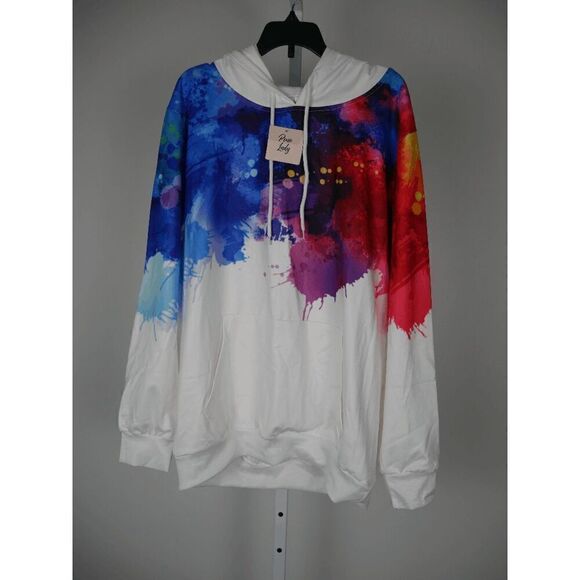 Pixie Lady White & Blue Paint Splatter Kangaroo-Pocket Hoodie M - Picture 2 of 8